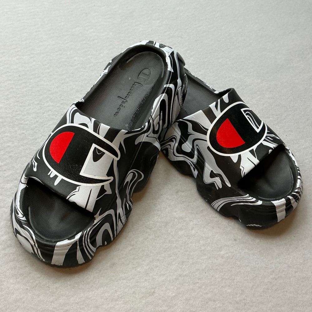 Champion IPO Warped Slides Black‎ White Marble Swirl Sandals Mens Size 13